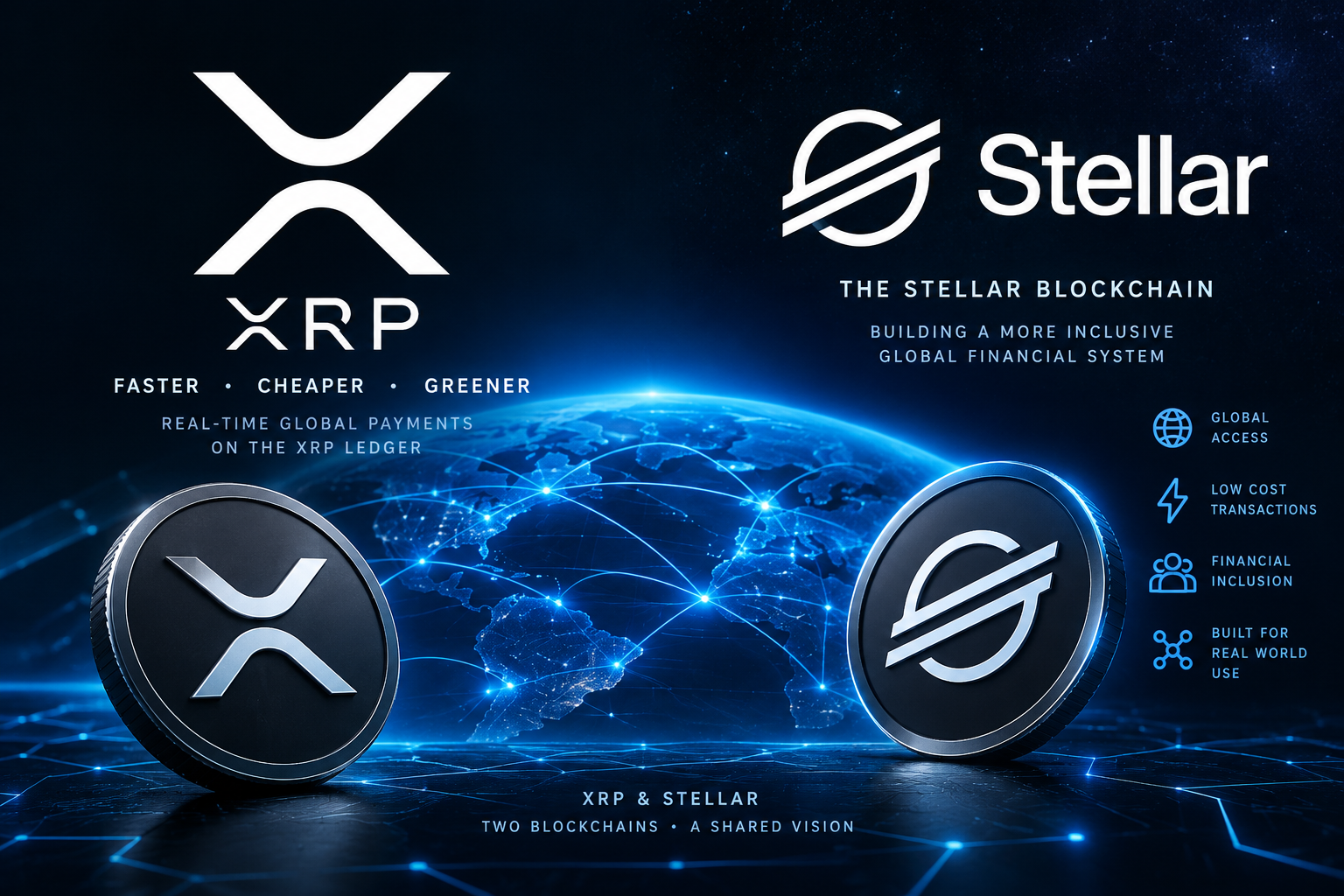 Futuristic blue global network connecting XRP and Stellar, with the message Two Blockchains, A Shared Vision